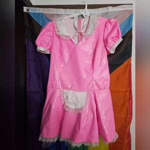 Pink Latex Maid Costume With Bow Neck Tie